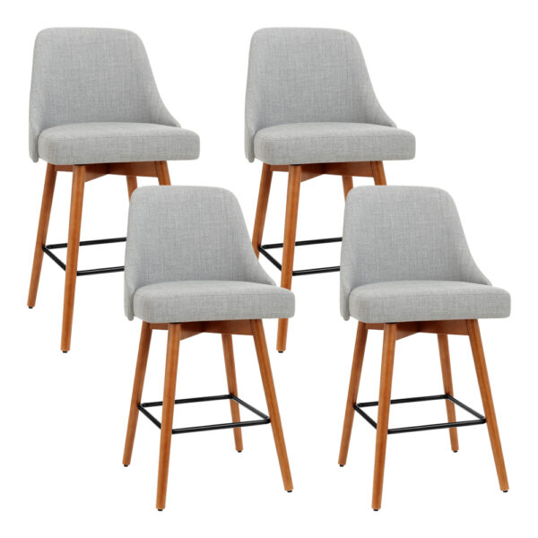 Swivel Bar Stools 4x Wooden Frame Padded Seat 65cm Height Grey Linen Look