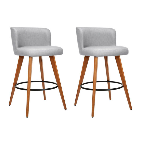 2x Wooden Bar Stools Curved Backrest Linen Padded 66cm Seat Height Light Grey