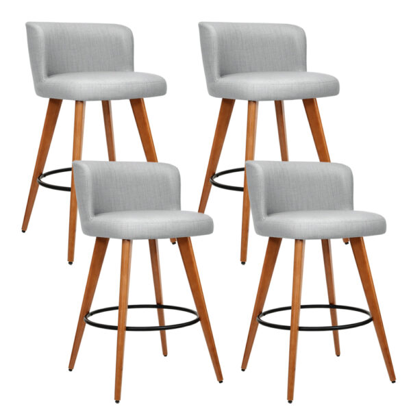 4x Wooden Bar Stools Mid Back Linen Padded 66cm Seat Height Light Grey