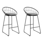 2x Modern Bar Stools 65cm Padded Faux Linen Curved Backrest Metal Frame Black