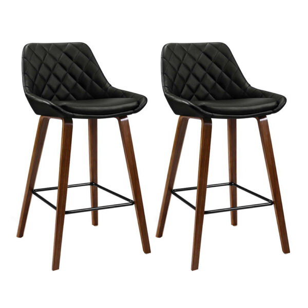 2x Wooden Bar Stools Diamond Backrest PU Leather Padded Seat 68cm Black