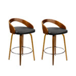 2x Swivel Bar Stools Walnut Wood Curved Backrest PU Leather Black Seat 80cm