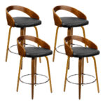 4x Walnut Wooden Swivel Bar Stools Black PU Leather Padded Curved Backrest 80cm