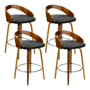 4x Walnut Wooden Swivel Bar Stools Black PU Leather Padded Curved Backrest 80cm