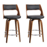 2 Wooden Swivel Bar Stools Walnut Finish PU Leather Padded Black 92cm Height