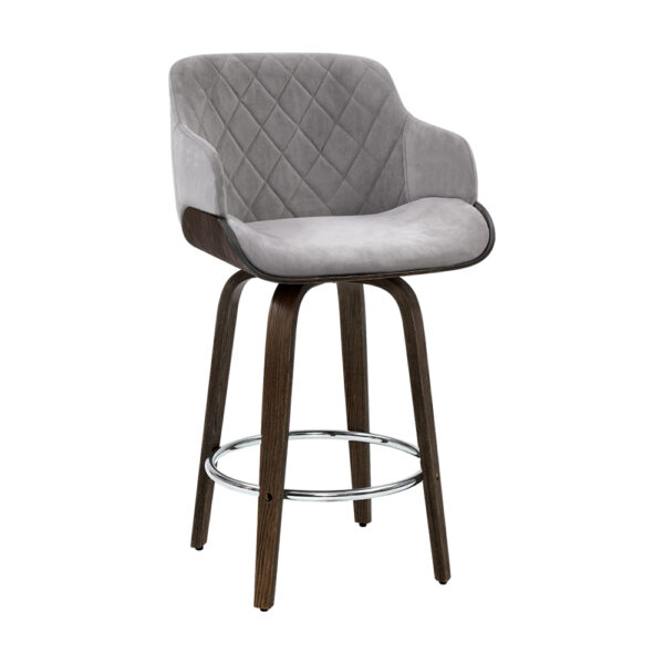 Velvet Swivel Bar Stool Padded Wooden 360 Rotatable Chrome Footrest Grey 150kg