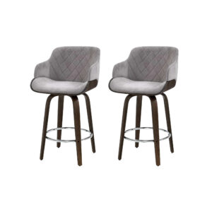 2x Velvet Swivel Bar Stools Padded Wooden 360 Rotatable 70cm Grey 150kg Capacity