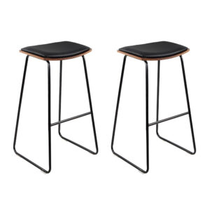 2x Bar Stools Deluxe PU Leather Padded 76cm Metal Frame Wooden Base