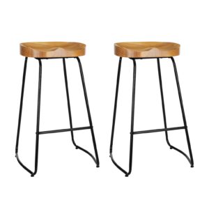 2x Industrial Bar Stools Elm Wood Tractor Seat 75cm Rounded Base Anti Slip