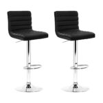 2x Leather Bar Stools Adjustable Swivel High Back Chrome Base Black 66 79cm