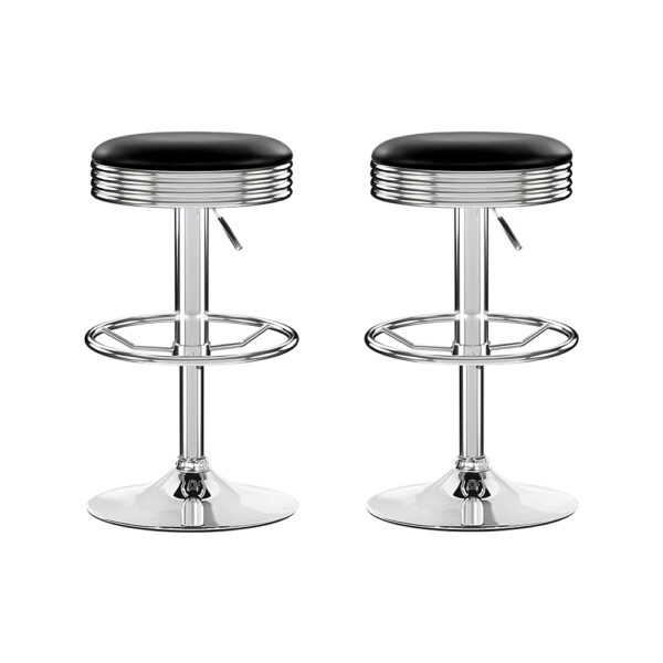 2x PU Leather Swivel Bar Stools Adjustable Height Chrome Base Black 130kg Capacity