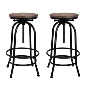 2x Adjustable Bar Stools Swivel Wood Seat Metal Frame 70 90cm Height