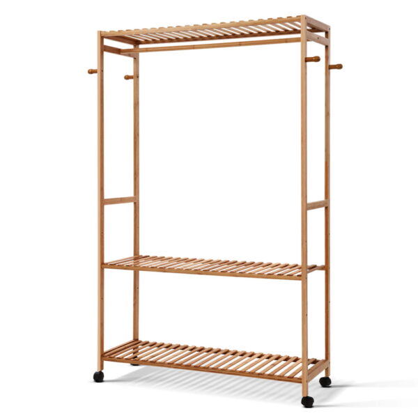 Bamboo Clothes Rack 2 Tier Shelves Adjustable Hanger 165cm with Wheels