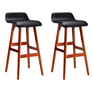 2x Wooden Bar Stools Black PU Leather Padded Seat 74cm High Bentwood Frame