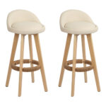 2x Wooden Bar Stools Beige PU Leather Padded Seat 360 Swivel 79cm High