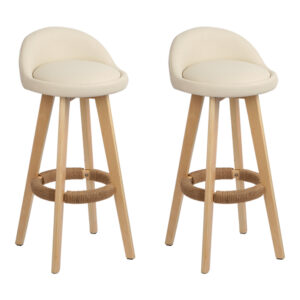 2x Wooden Bar Stools Beige PU Leather Padded Seat 360 Swivel 79cm High