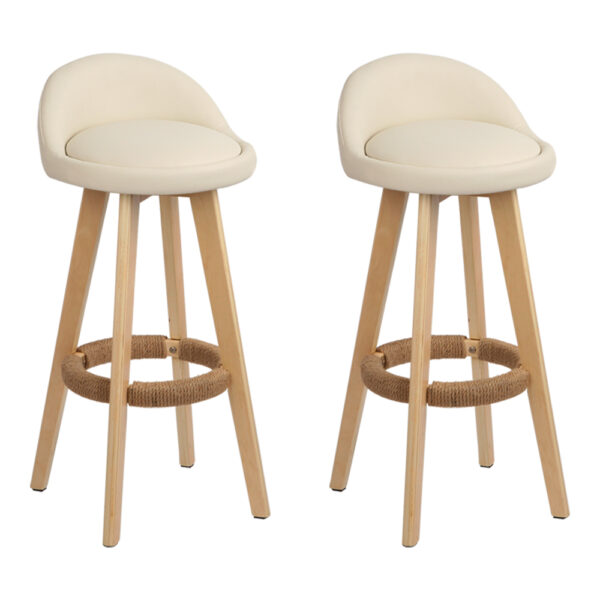 2x Wooden Bar Stools Beige PU Leather Padded Seat 360 Swivel 79cm High