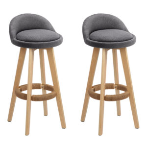 2x Padded Linen Bar Stools Wooden Swivel Seat Grey 36x36x79cm Comfort Design