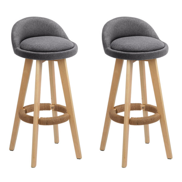 2x Padded Linen Bar Stools Wooden Swivel Seat Grey 36x36x79cm Comfort Design