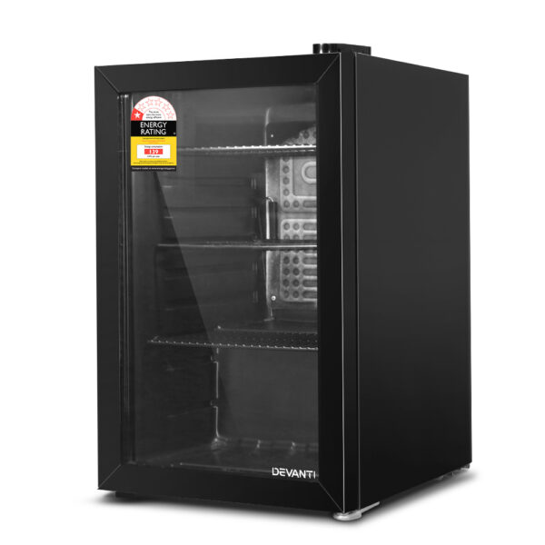 70L Compact Bar Fridge Reversible Glass Door 5 Settings LED Light Black Energy Efficient