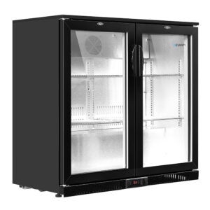 198L Commercial Bar Fridge Dual Glass Door LED Light Adjustable Shelves Black