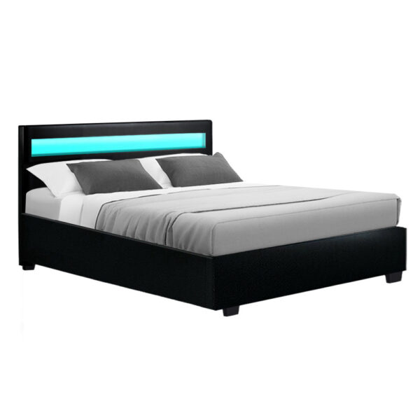 Double Bed Frame LED Headboard Gas Lift Storage Black 190x137cm 300kg Capacity