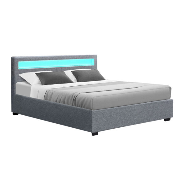 Queen Size Bed Frame LED Headboard Gas Lift Storage Grey 215x160cm