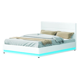 Queen Size Bed Frame LED Lighting Gas Lift Storage White PVC Leather LUMI