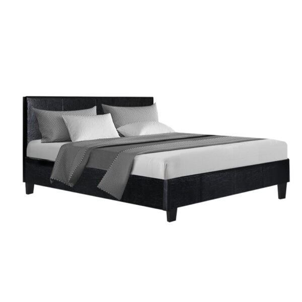 Double Size Bed Frame Black Leather Look Foam Padded Wooden Slat 202cmx145cm