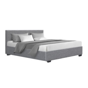 Queen Size Bed Frame Gas Lift Storage Grey Linen Fabric Padded Headboard NINO