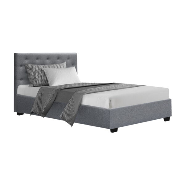 King Single Bed Frame Gas Lift Storage Tufted Headboard Grey 215x114cm