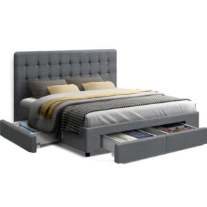 Queen Size Bed Frame with Storage 4 Drawers Grey Fabric Tufted Headboard Avio