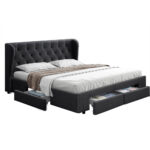 King Size Bed Frame 4 Drawers Tufted Headboard Charcoal Fabric Wooden Slats