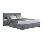 Queen Size Bed Frame Gas Lift Storage Grey Linen Tufted Headboard TIYO