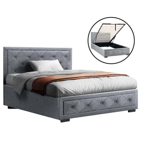 King Single Bed Frame Gas Lift Storage Tufted Headboard Wooden Grey 215x114cm