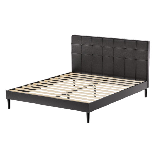 Queen Size LED Bed Frame PVC Leather Buttoned Headboard Foam Padded Black RAVI