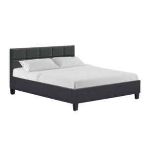 Queen Size Bed Frame Charcoal Fabric Upholstered Wooden Slats 300kg Capacity