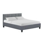 Queen Size Bed Frame Grey Upholstered Linen Fabric Wooden Slats 300kg Capacity