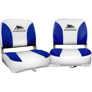 2 Folding Swivel Boat Seats White Blue UV Salt Resistant All Weather Padding