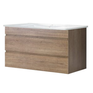 Modern 915mm Wall Hung Vanity Unit Oak Finish Ceramic Basin Soft Close Drawers