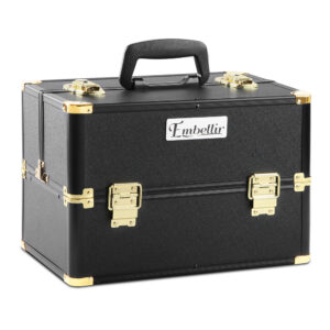 Professional Makeup Case Portable Diamond Black Gold Velvet Lined Lockable 36cm