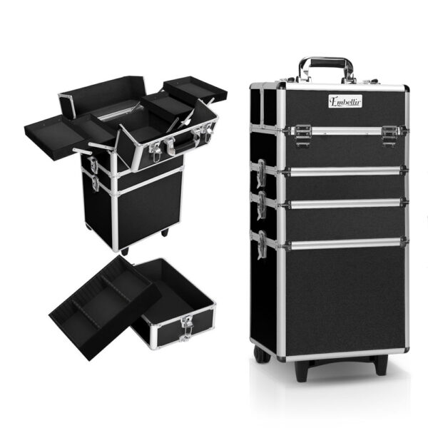 Makeup Trolley Case Cosmetic Organiser 7in1 Portable Black Velvet Lined Wheels