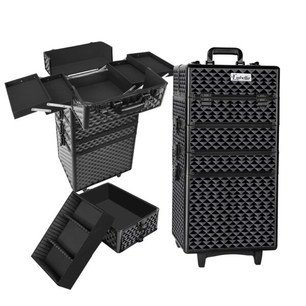 Makeup Trolley Case 7in1 Cosmetic Organiser Diamond Black Velvet Lined Wheels