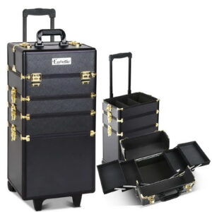 Makeup Trolley Case 7in1 Cosmetic Organiser Gold Black Travel Wheels Lockable