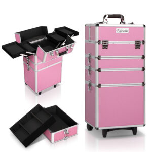 Makeup Trolley Case Cosmetic Organiser 4 in 1 Travel Wheels Pink Velvet Lined