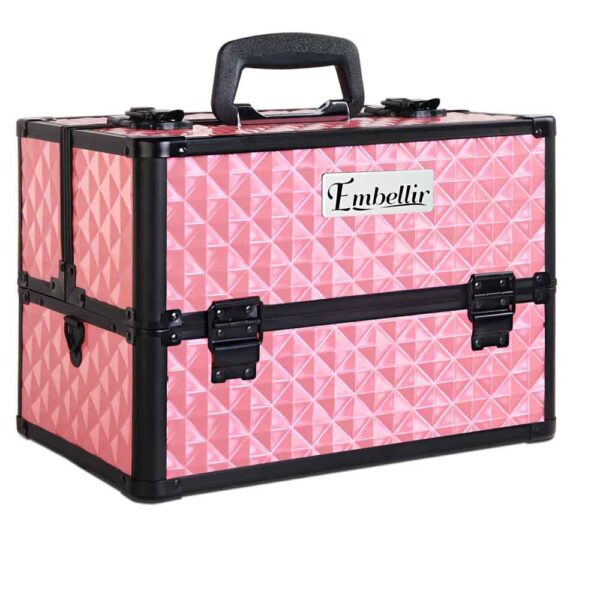 Makeup Case Portable Diamond Pink Lockable w/ Shoulder Strap Adjustable Dividers