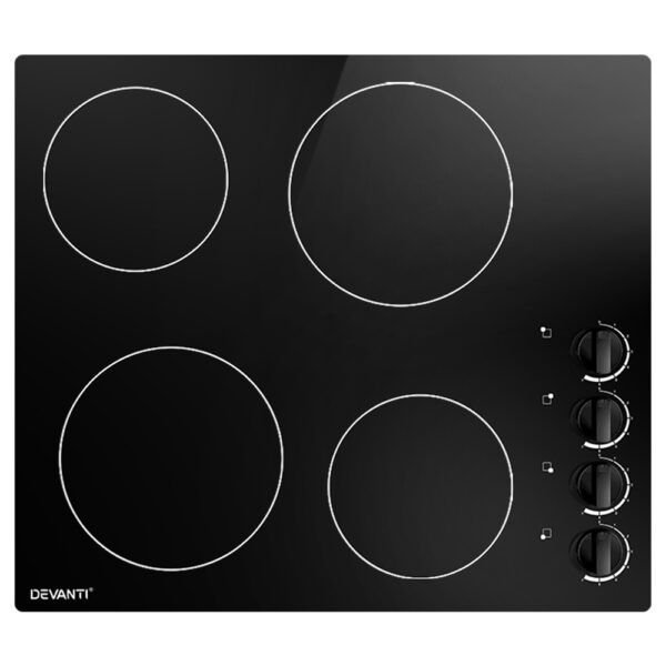 60cm Ceramic Cooktop Electric 4 Zone Knob Control 6000W Black Glass Plate