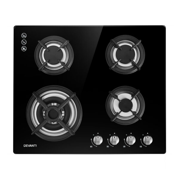 60cm Gas Cooktop 4 Burner Ceramic Glass LPG NG Convertible Black Safety Lock