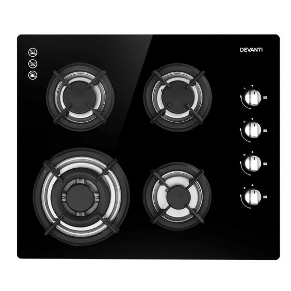 60cm Gas Cooktop 4 Burner Black Tempered Glass Stove LPG/NG Convertible