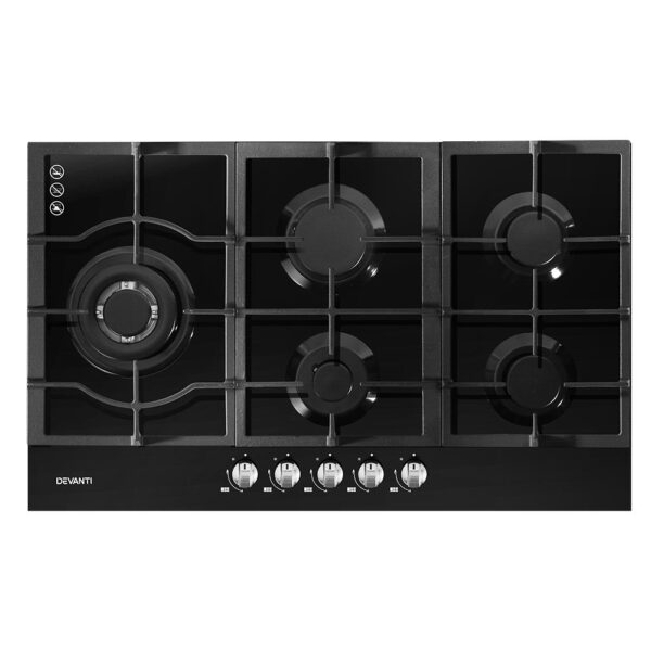 90cm Gas Cooktop 5 Burner Black Glass Stove LPG/NG Convertible Kitchen Cooker